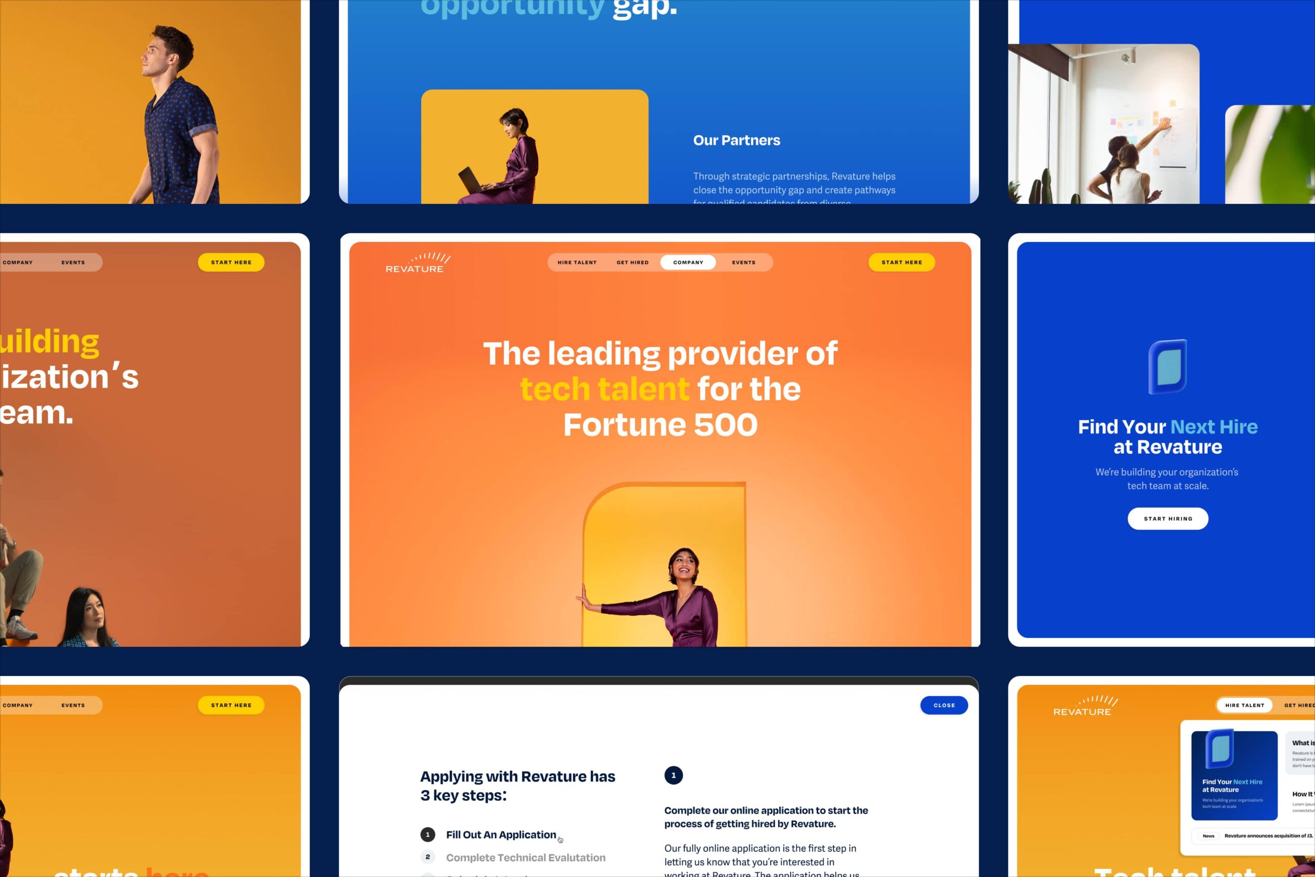 A clean organized grid featuring nine unique web design pages from the Revature's website